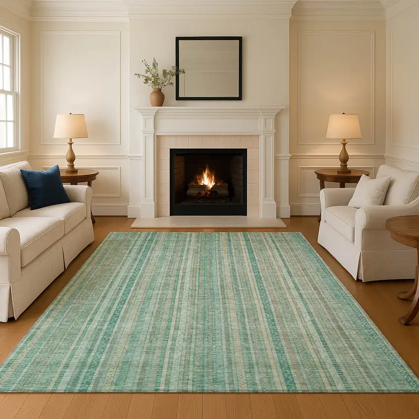 Aqua Beige And Teal Striped Washable Area Rug With UV Protection Photo 4