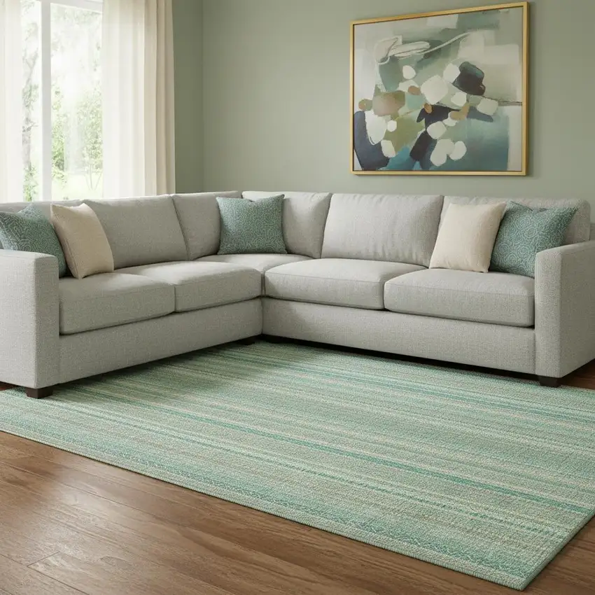 Aqua Beige And Teal Striped Washable Area Rug With UV Protection Photo 2