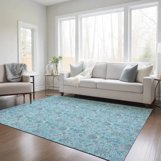 Aqua Blue And Silver Floral Washable Indoor Outdoor Area Rug Photo 9
