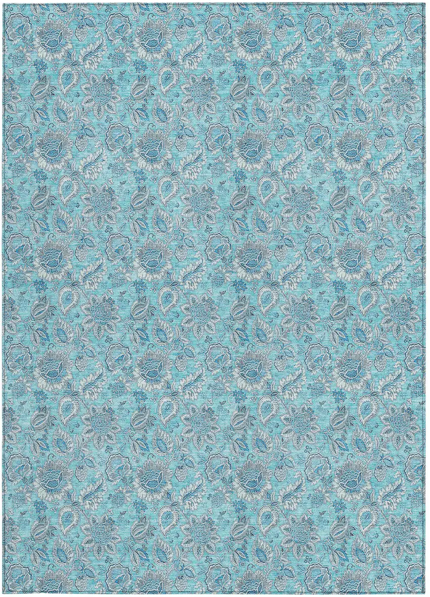 Aqua Blue And Silver Floral Washable Indoor Outdoor Area Rug Photo 6