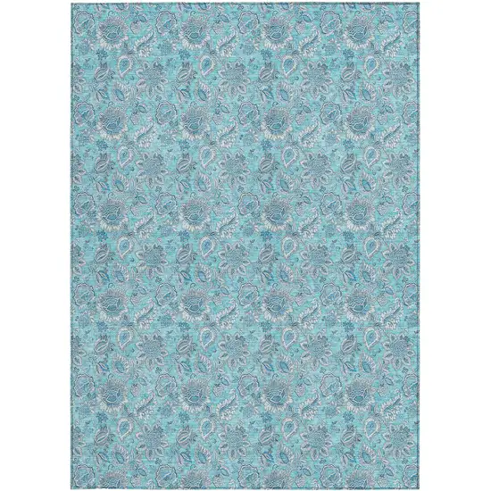 Aqua Blue And Silver Floral Washable Indoor Outdoor Area Rug Photo 6