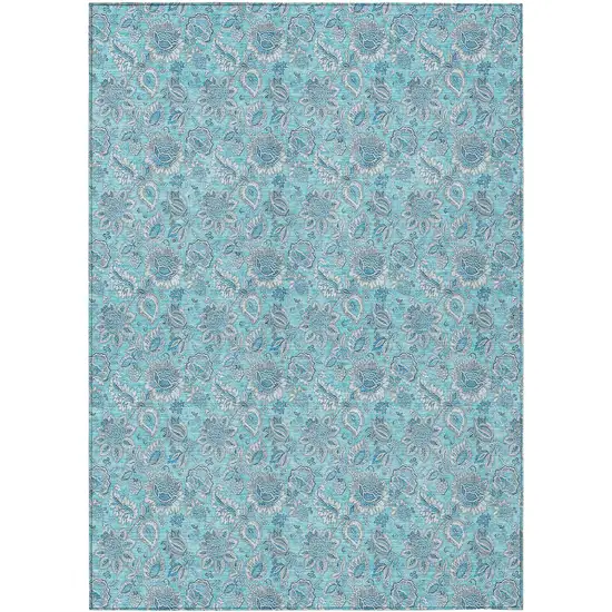 Aqua Blue And Silver Floral Washable Indoor Outdoor Area Rug Photo 2