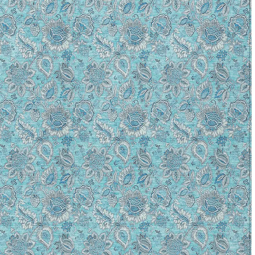 Aqua Blue And Silver Floral Washable Indoor Outdoor Area Rug Photo 5