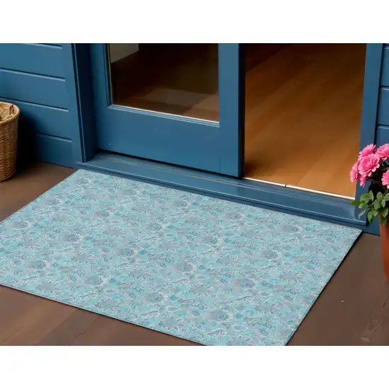 Aqua Blue And Silver Floral Washable Indoor Outdoor Area Rug Photo 1
