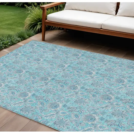 Aqua Blue And Silver Floral Washable Indoor Outdoor Area Rug Photo 1