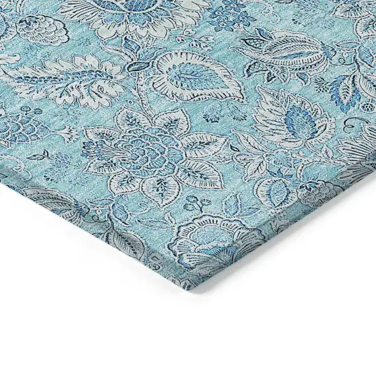 Aqua Blue And Silver Floral Washable Indoor Outdoor Area Rug Photo 4