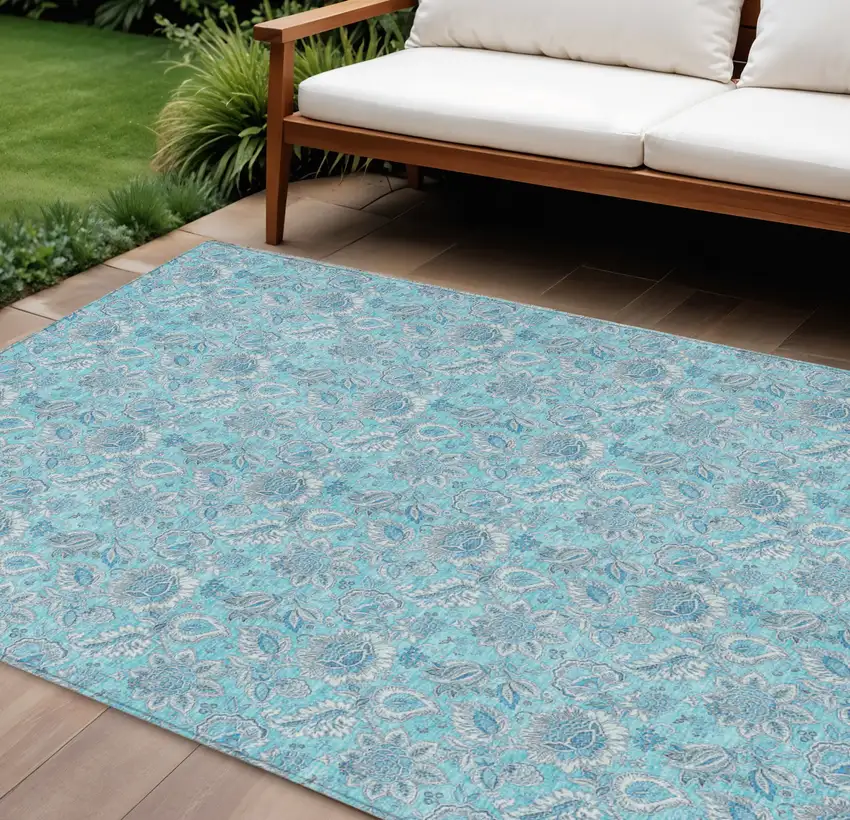 Aqua Blue And Silver Floral Washable Indoor Outdoor Area Rug Photo 1