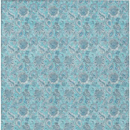 Aqua Blue And Silver Floral Washable Indoor Outdoor Area Rug Photo 5