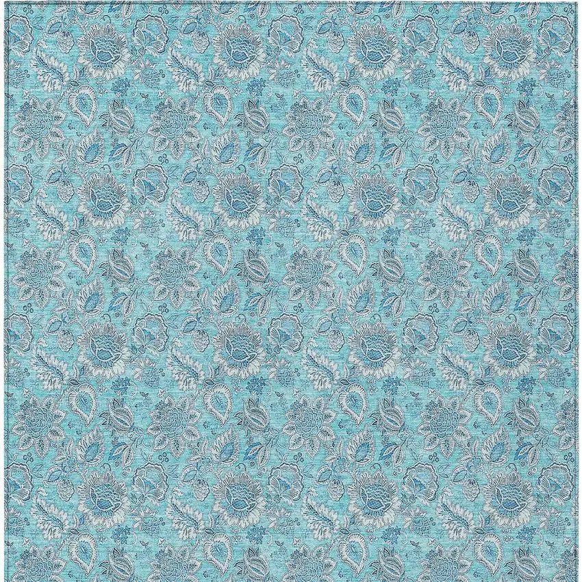 Aqua Blue And Silver Floral Washable Indoor Outdoor Area Rug Photo 5