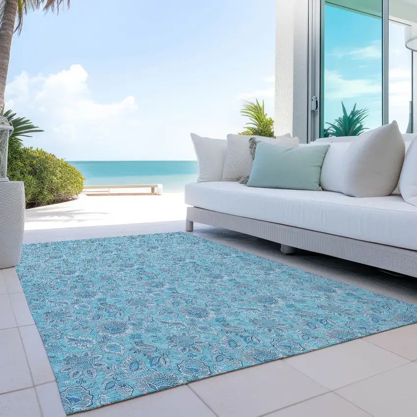 Aqua Blue And Silver Floral Washable Indoor Outdoor Area Rug Photo 9