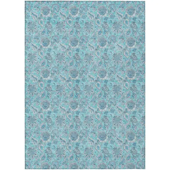 Aqua Blue And Silver Floral Washable Indoor Outdoor Area Rug Photo 1