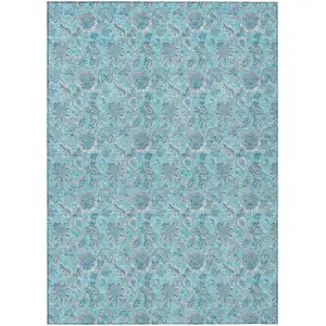Photo of Aqua Blue And Silver Floral Washable Indoor Outdoor Area Rug