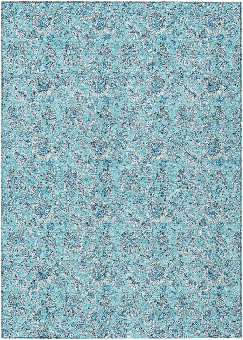 Aqua Blue And Silver Floral Washable Indoor Outdoor Area Rug Photo 1