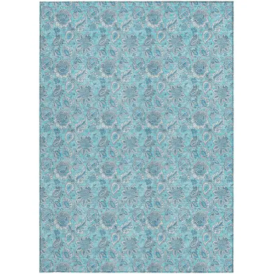 Aqua Blue And Silver Floral Washable Indoor Outdoor Area Rug Photo 4