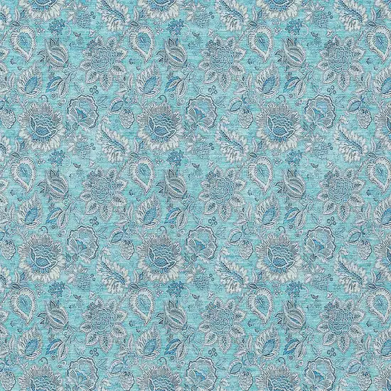 Aqua Blue And Silver Floral Washable Indoor Outdoor Area Rug Photo 5