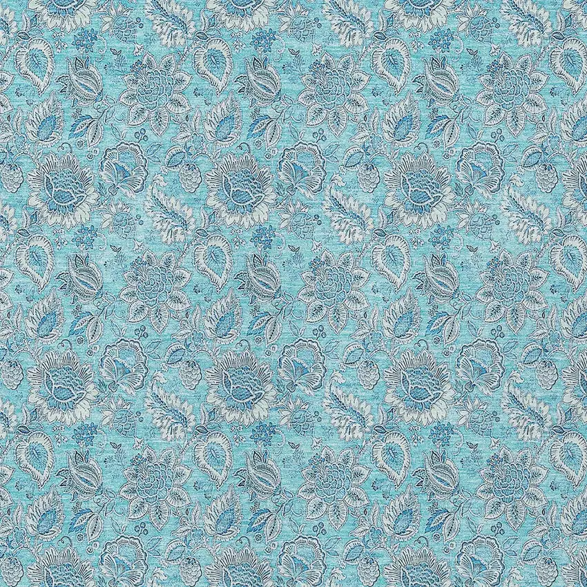 Aqua Blue And Silver Floral Washable Indoor Outdoor Area Rug Photo 5