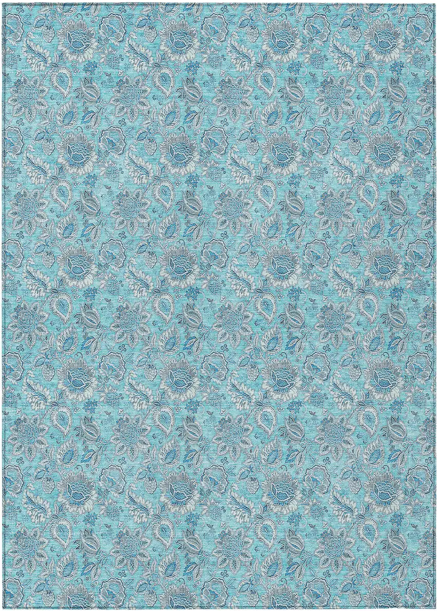 Aqua Blue And Silver Floral Washable Indoor Outdoor Area Rug Photo 2
