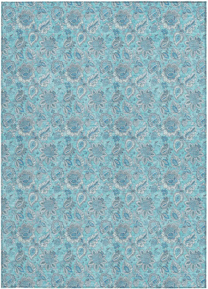 Aqua Blue And Silver Floral Washable Indoor Outdoor Area Rug Photo 6