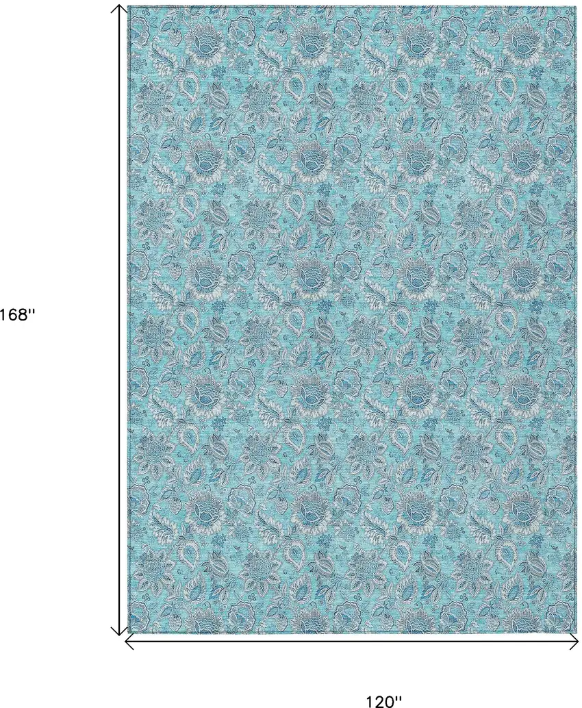 Aqua Blue And Silver Floral Washable Indoor Outdoor Area Rug Photo 3