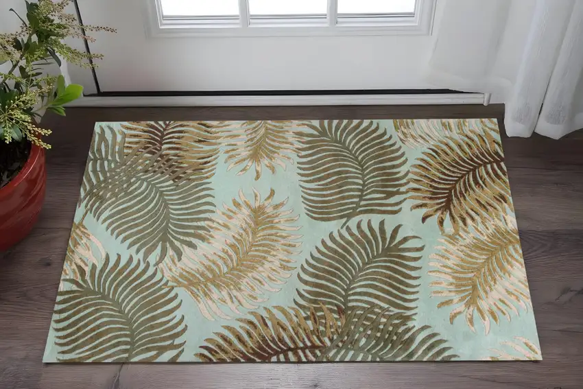 Aqua And Brown Wool Botanical Leaves Hand Tufted Area Rug Photo 1