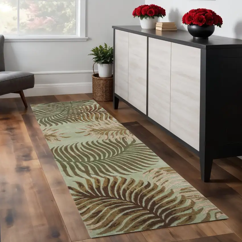 8' Aqua And Brown Wool Botanical Leaves Hand Tufted Runner Rug Photo 1