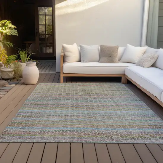 Aqua Coral And Lavender Striped Washable Indoor Outdoor Area Rug Photo 4