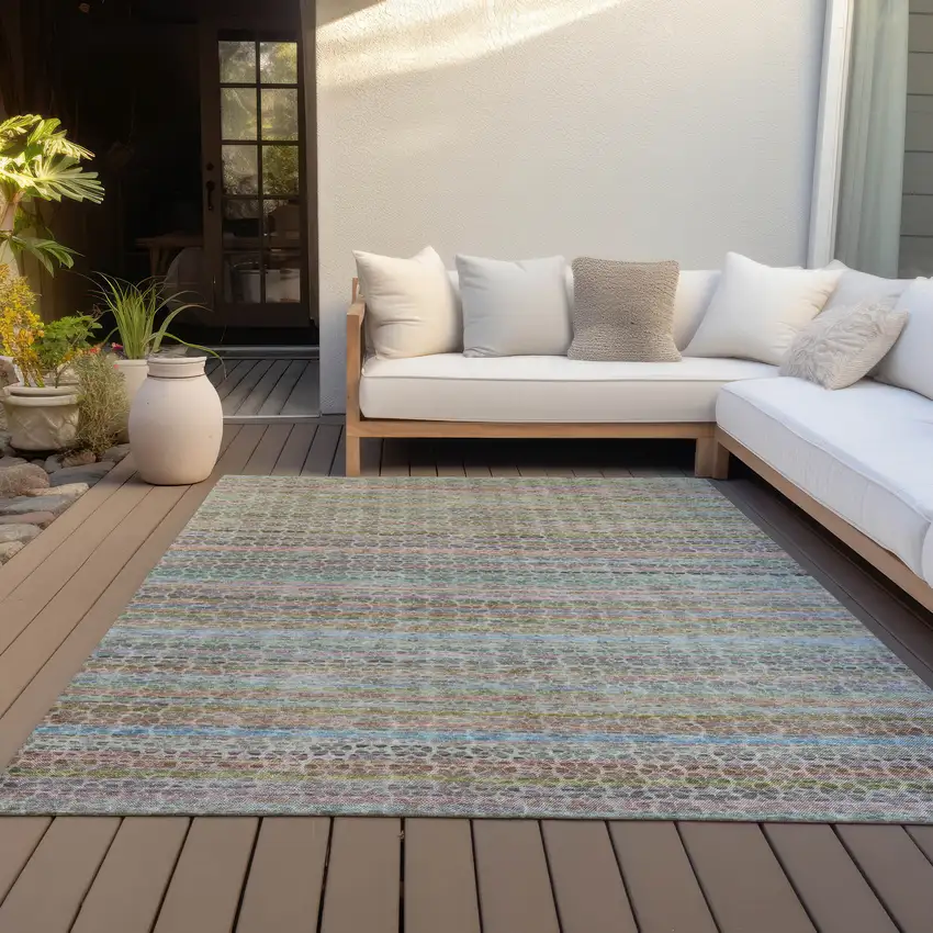 Aqua Coral And Lavender Striped Washable Indoor Outdoor Area Rug Photo 4