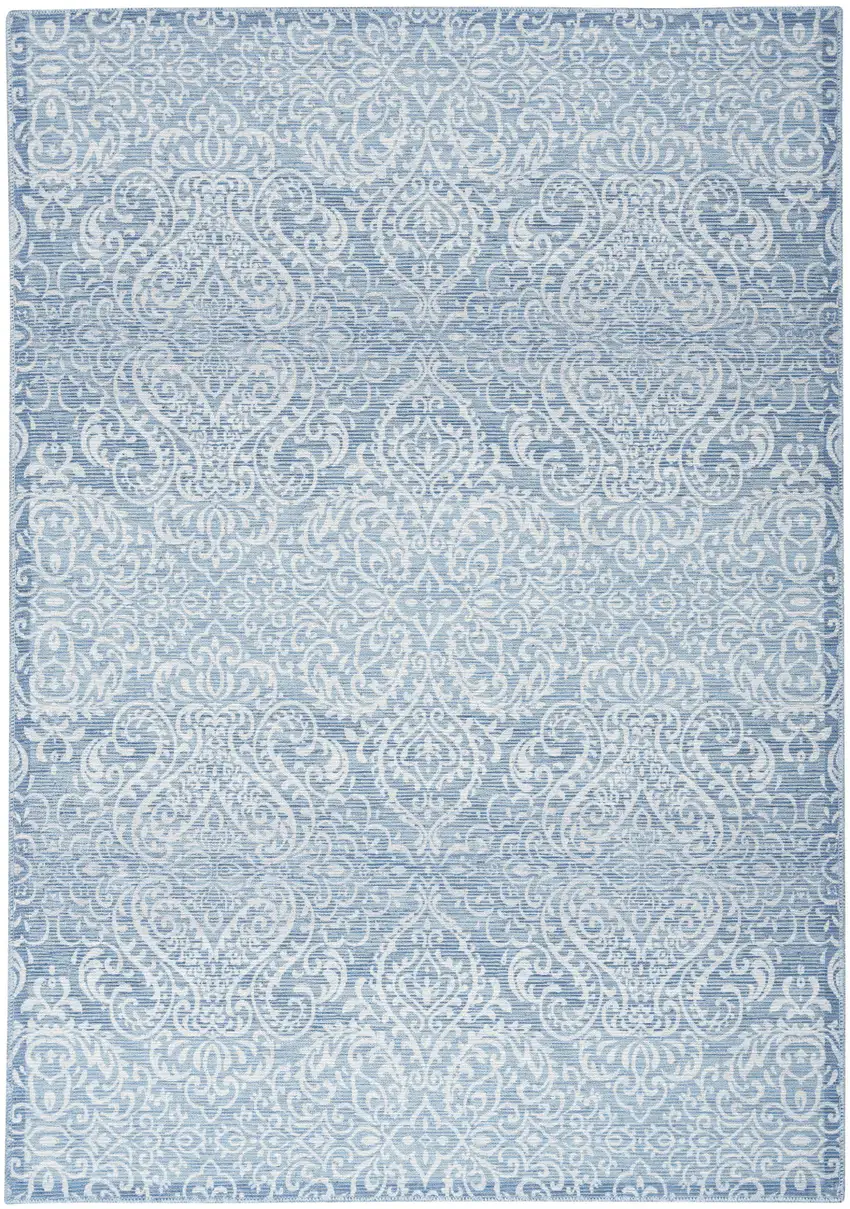Aqua Damask Distressed Washable Area Rug Photo 1