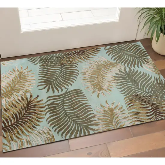 Aqua And Brown Wool Botanical Leaves Hand Tufted Area Rug Photo 1