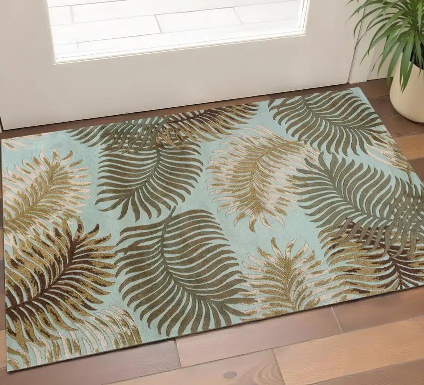 Aqua And Brown Wool Botanical Leaves Hand Tufted Area Rug Photo 1