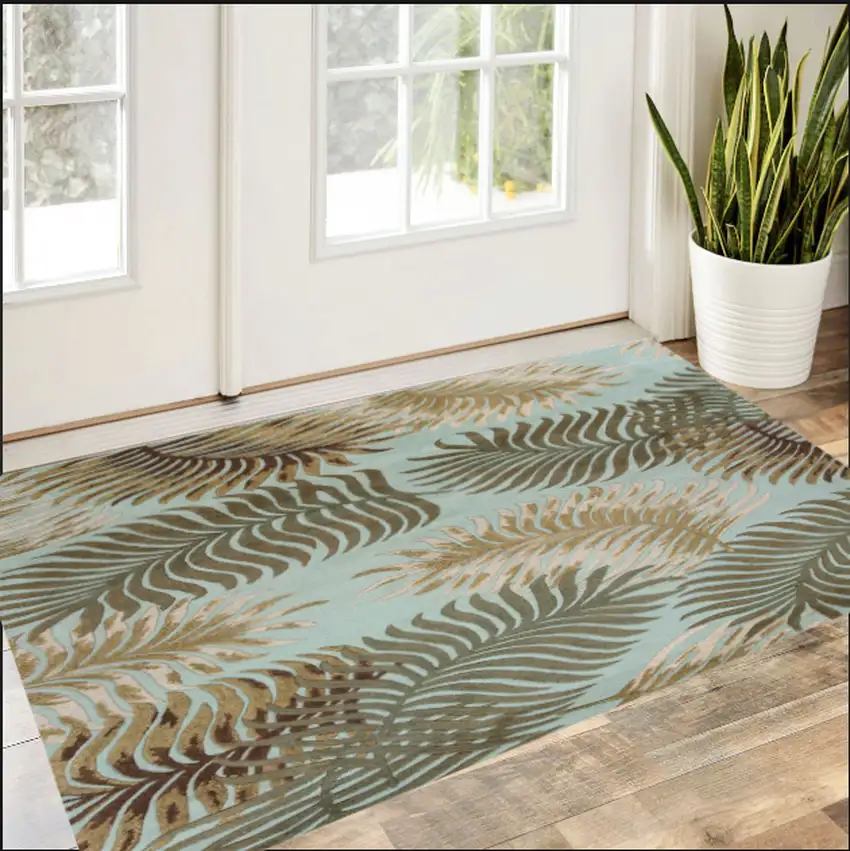 Aqua Fern Leaves Wool Area Rug Photo 1
