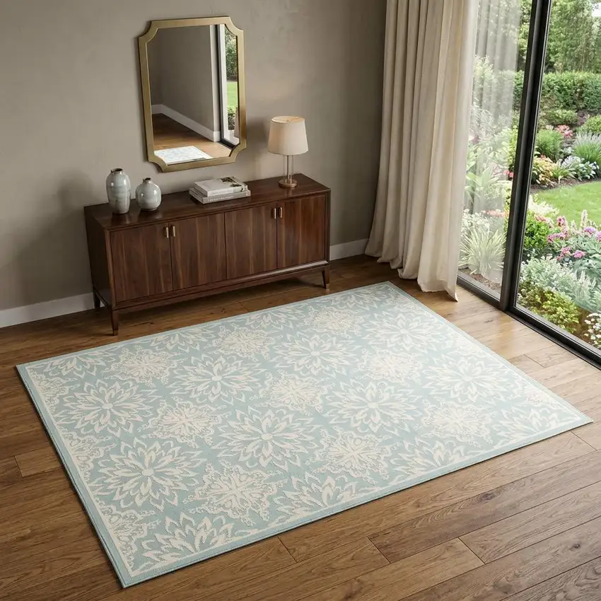 Aqua Floral Power Loom Area Rug Photo 1