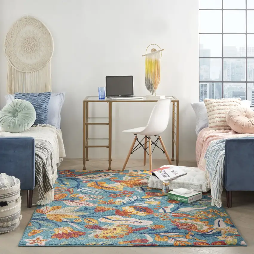 Aqua Floral Power Loom Area Rug Photo 6
