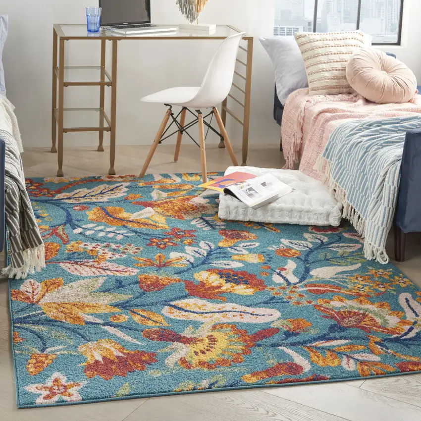 Aqua Floral Power Loom Area Rug Photo 5