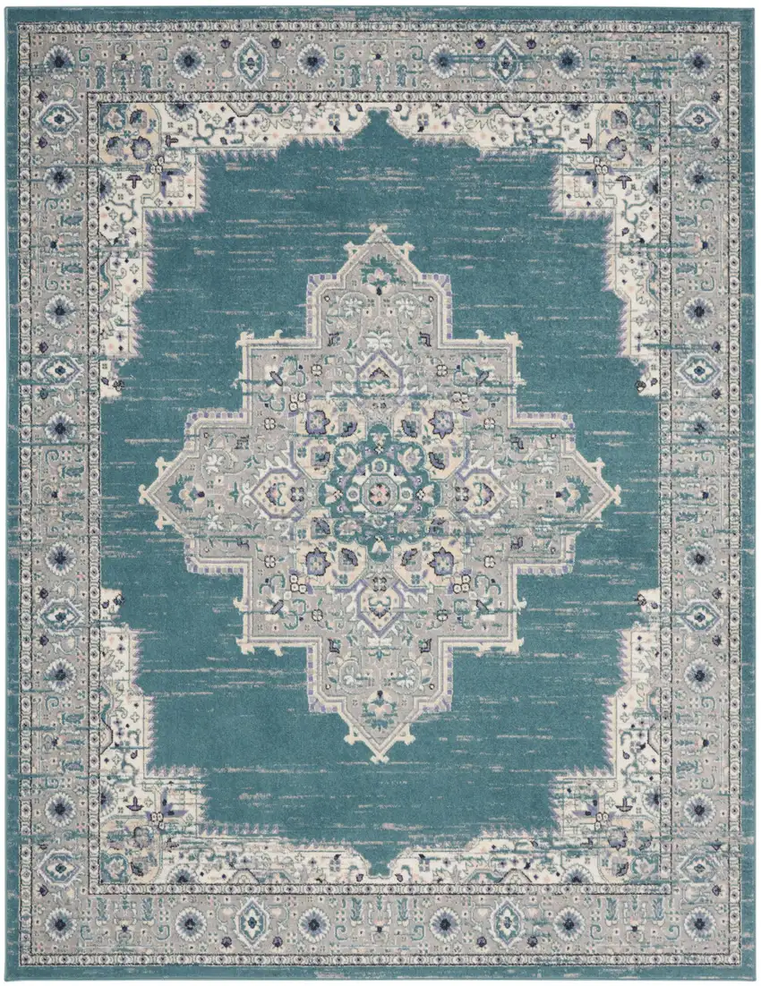 Aqua Floral Power Loom Distressed Area Rug Photo 2