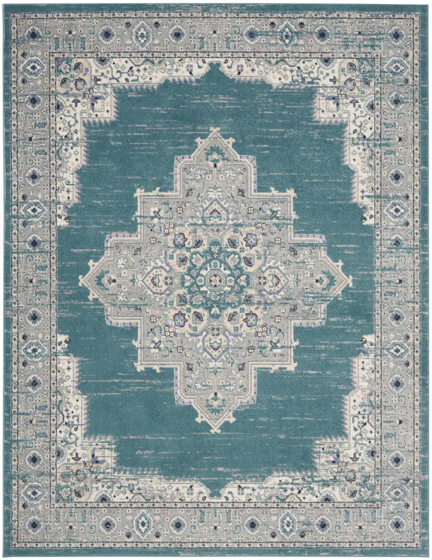 Aqua Floral Power Loom Distressed Area Rug Photo 1