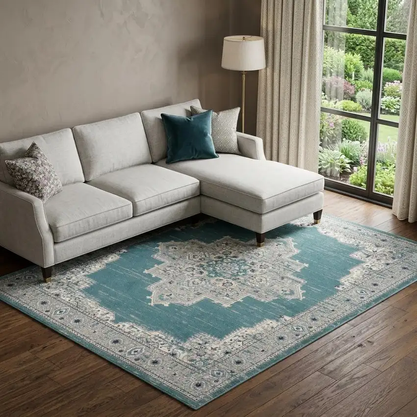 Aqua Floral Power Loom Distressed Area Rug Photo 1