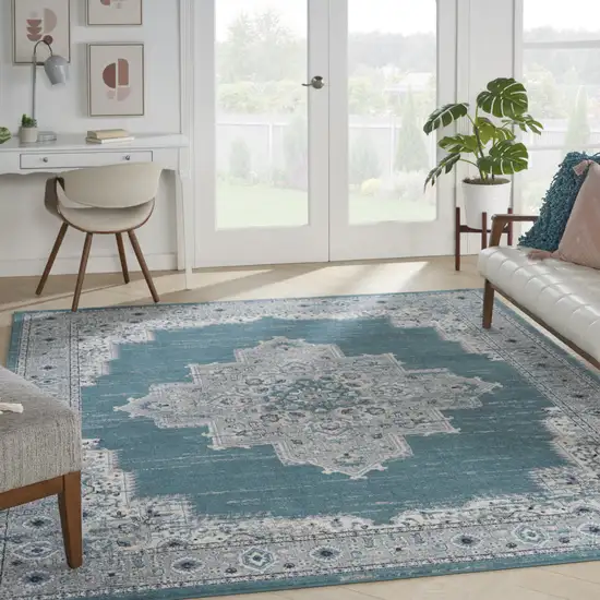 Aqua Floral Power Loom Distressed Area Rug Photo 3
