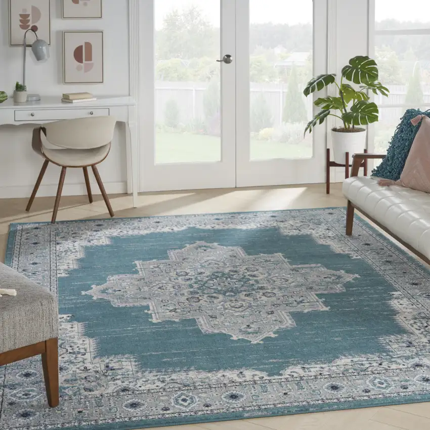 Aqua Floral Power Loom Distressed Area Rug Photo 3