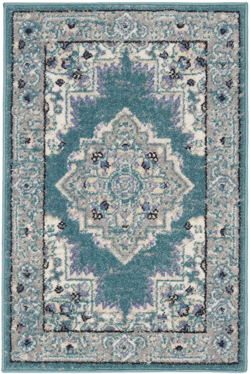 Aqua Floral Power Loom Distressed Area Rug Photo 1