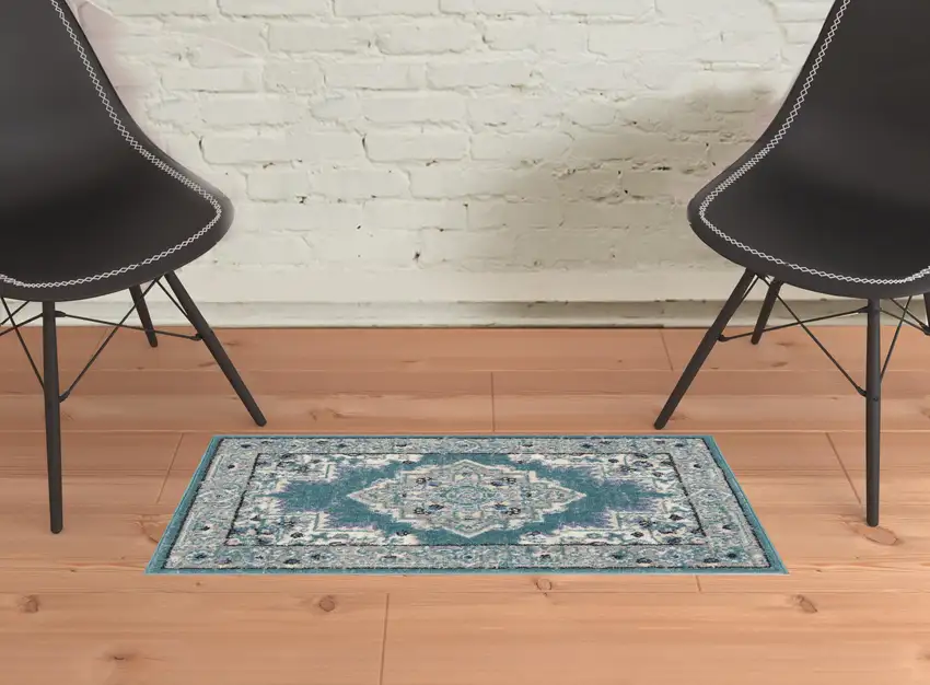 Aqua Floral Power Loom Distressed Area Rug Photo 2