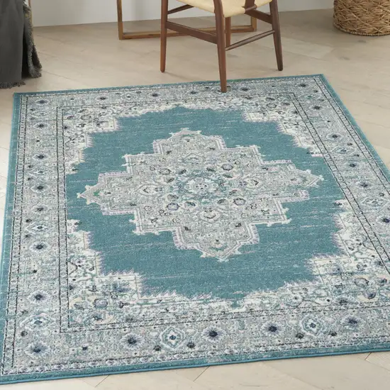 Aqua Floral Power Loom Distressed Area Rug Photo 3