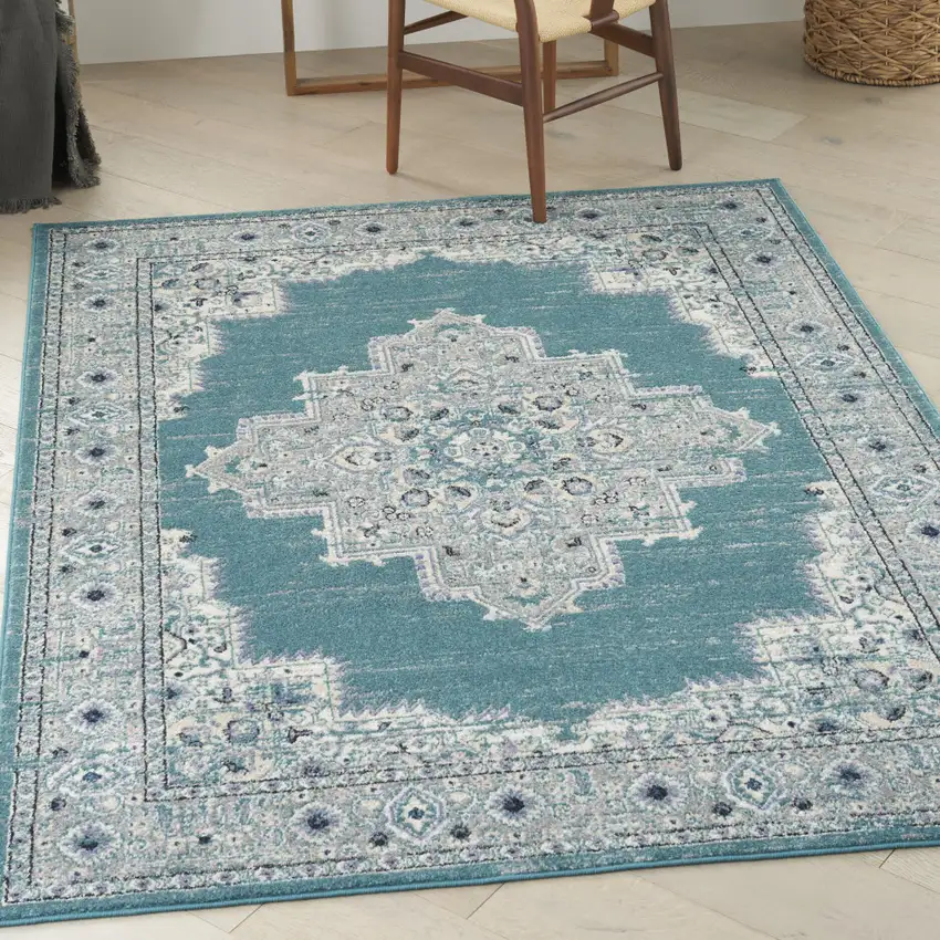 Aqua Floral Power Loom Distressed Area Rug Photo 3