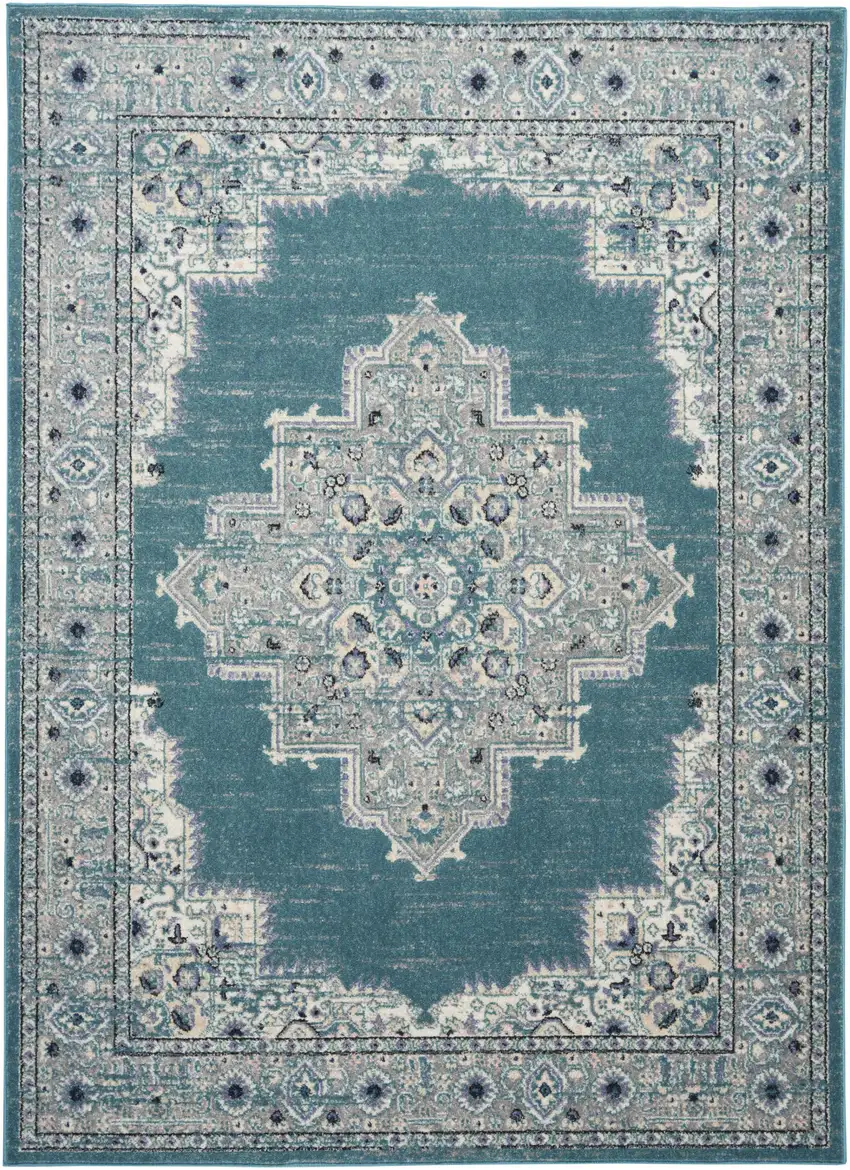 Aqua Floral Power Loom Distressed Area Rug Photo 1