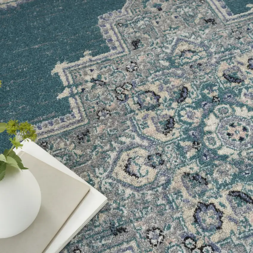 Aqua Floral Power Loom Distressed Area Rug Photo 9