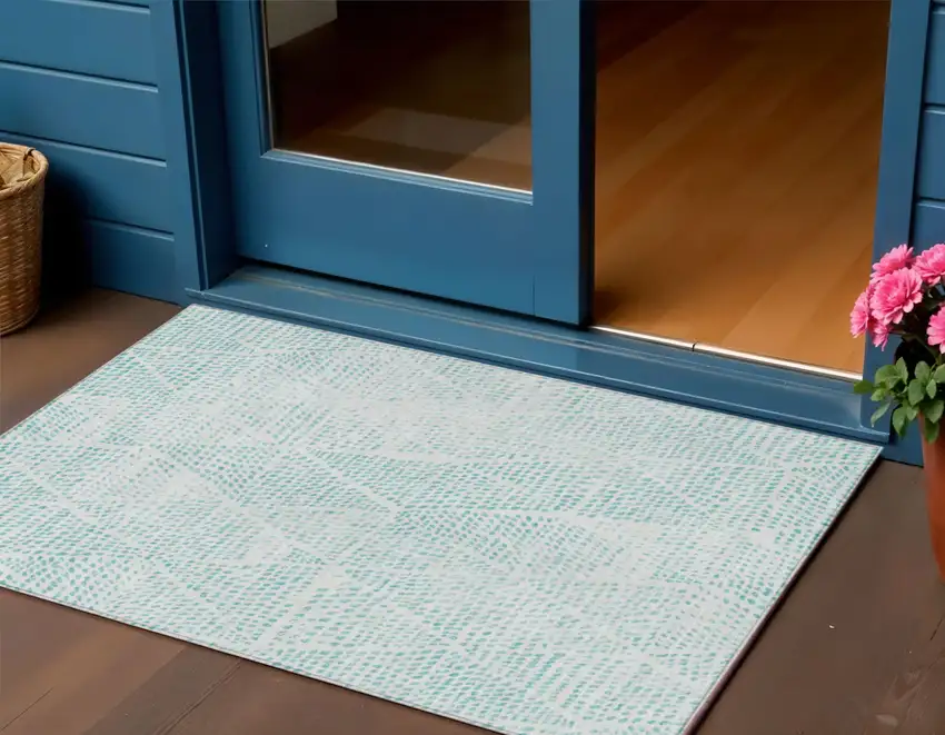 Aqua Geometric Washable Non Skid Indoor Outdoor Area Rug Photo 1