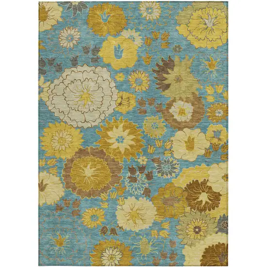 Aqua Gold And Beige Floral Washable Indoor Outdoor Area Rug Photo 4