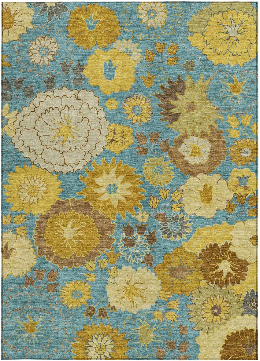 Aqua Gold And Beige Floral Washable Indoor Outdoor Area Rug Photo 4