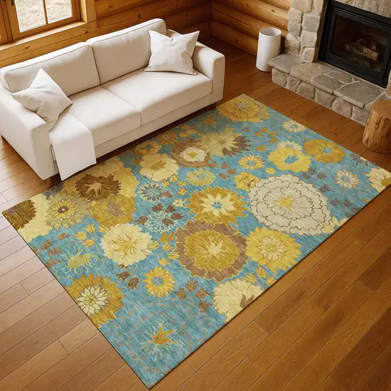 Aqua Gold And Beige Floral Washable Indoor Outdoor Area Rug Photo 9