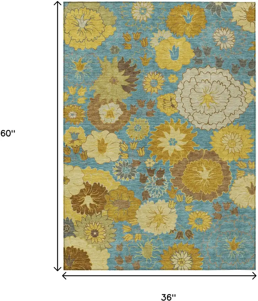 Aqua Gold And Beige Floral Washable Indoor Outdoor Area Rug Photo 3